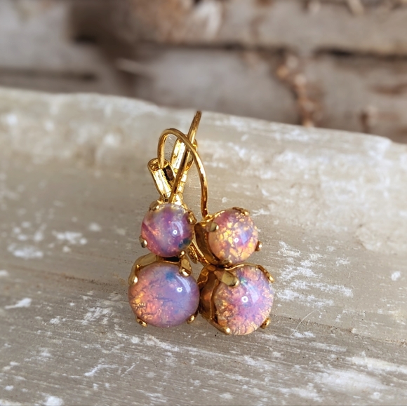 Fiery Pink Fire Opal / Harlequin  In Gold Plated Earrings.. - Picture 3 of 7